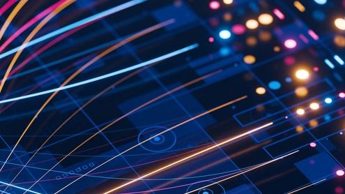 Digital data visualization with colorful flowing lines and binary code on a dark background.