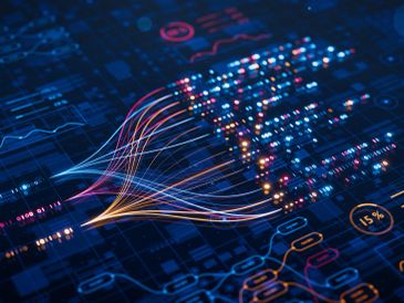Data flow visualization with colorful lines on digital interface.