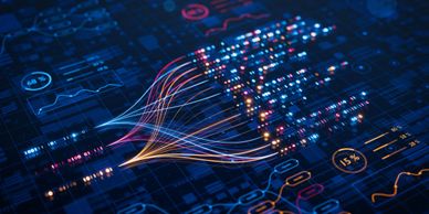 Digital data visualization with colorful flowing lines and binary code on a dark background.