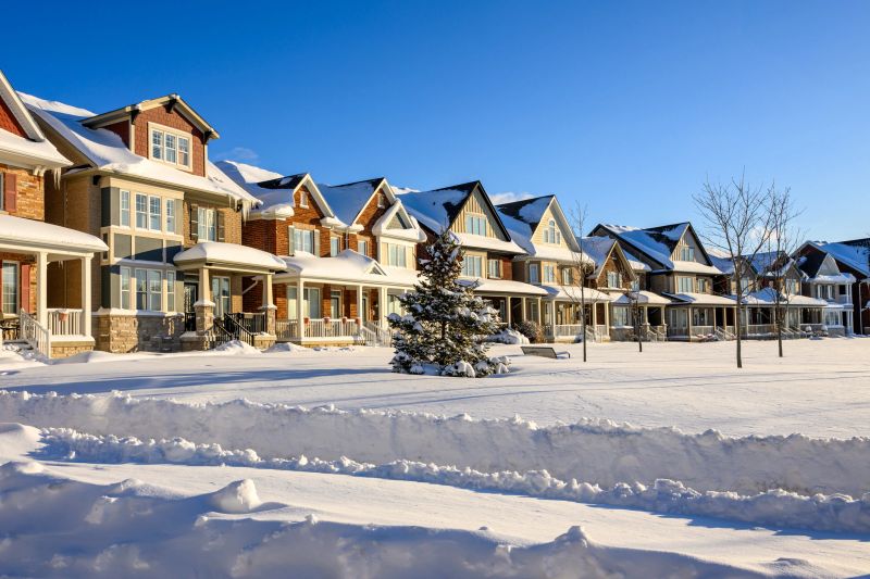 Residential buildings and streets in Markham, Ontario after severe winter storm that leaves 35 cm snow on the ground.