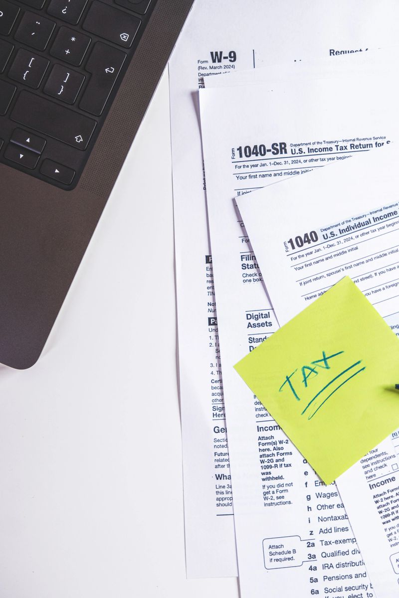 Tax form 1040, w-9, pencil, marker pen, reading glasses and laptop are laying on accountant's desk
