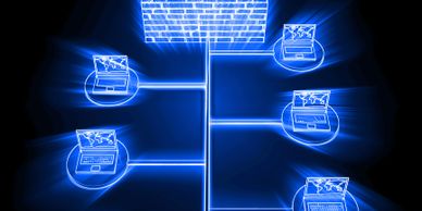 Glowing digital network with laptops connected behind a firewall and globe.