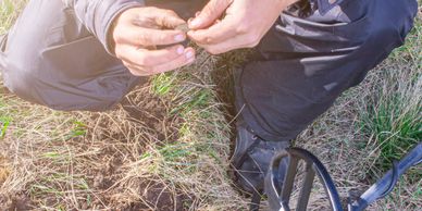 Person holding a small object after metal detecting in a grassy field.