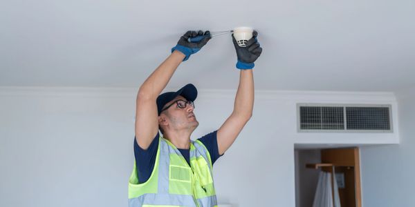 Technician installing a smoke detector on the ceiling.