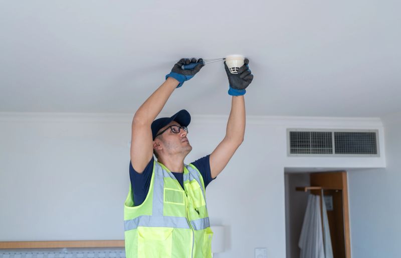 Handyman Installing Smoke And Fire Alarm Detector On Ceiling At Hotel Room