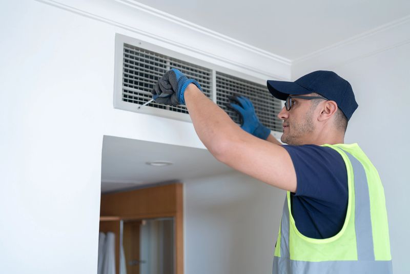 Repairman Cleaning Air Conditioning Wall Mounted Ventilation System On Ceiling In Hotel Room