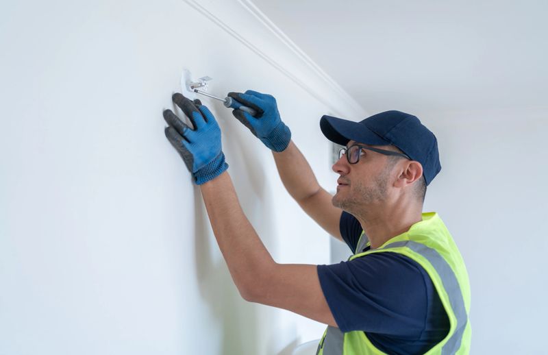 Handyman Installing Sidewall Fire Sprinkler On The Wall At Hotel Room