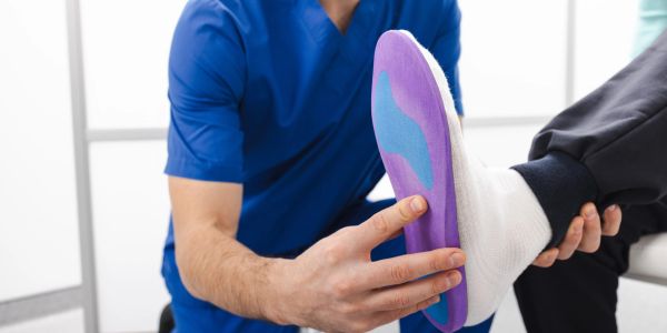 Healthcare professional fitting a custom orthopedic insole.