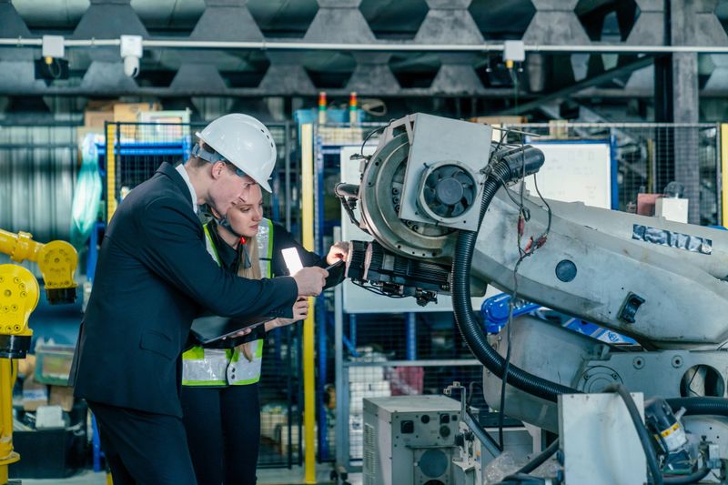 Two engineers in safety helmets inspect robotic machinery in a high-tech industrial setting. Bright lights illuminate their focused discussion as they analyze components together.