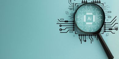 The image is of a magnifying glass over an AI chip suggesting AI assisted invention novelty searchin