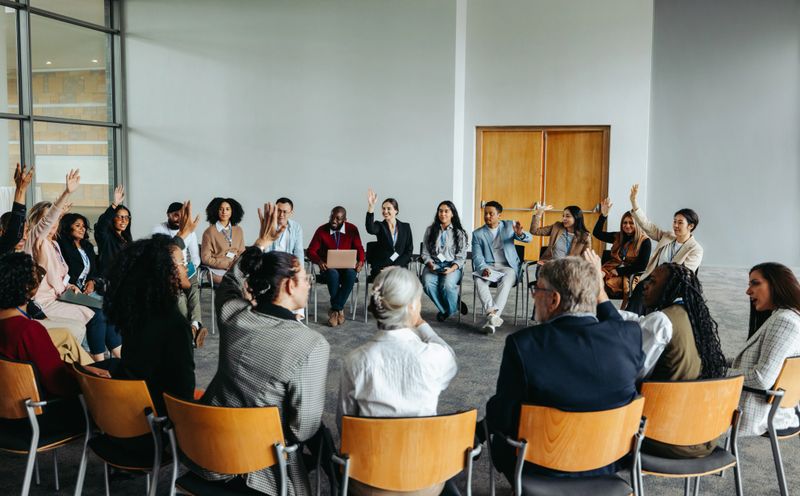 Group of diverse people participating in a support group meeting. Individuals raise their hands for questions and answers session.