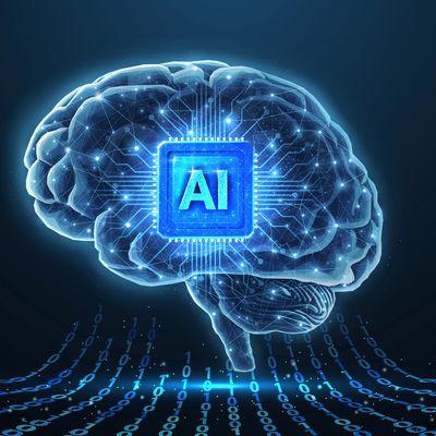 Digital brain with AI chip and binary code streams.