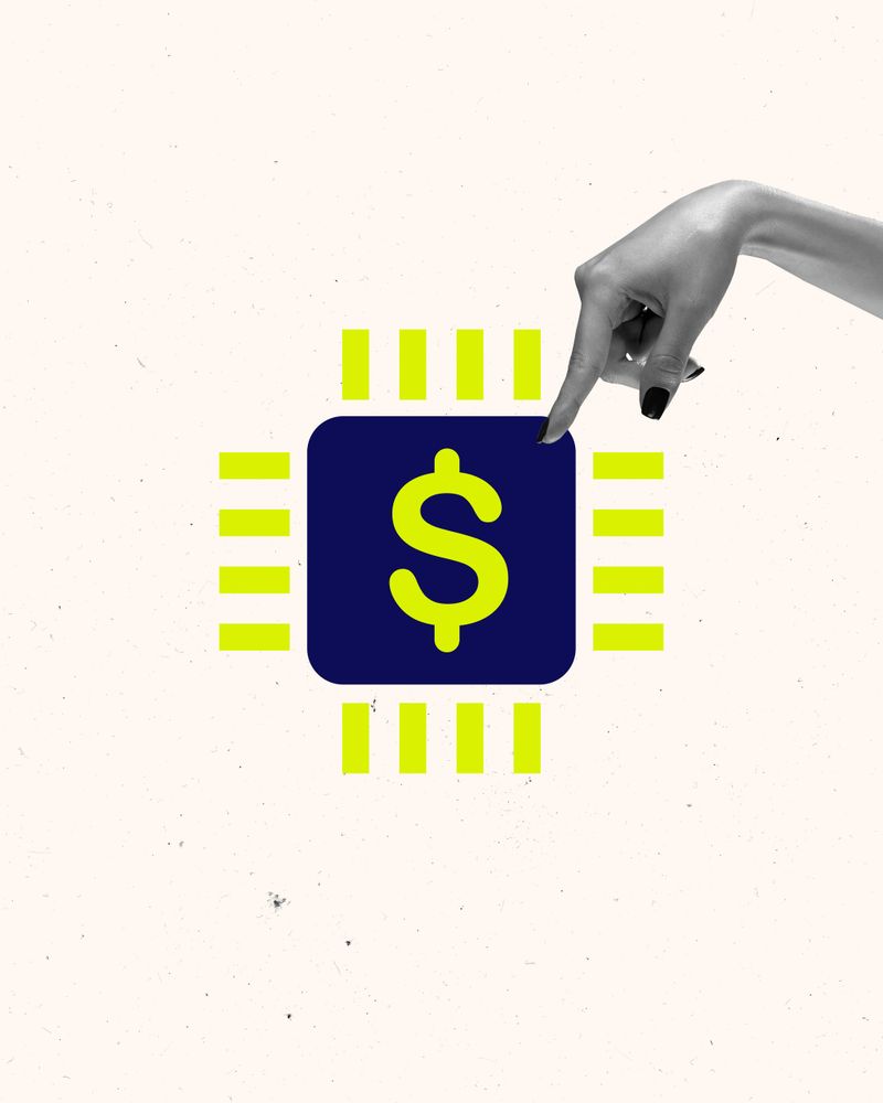 Hand pointing at microchip with financial symbol. Digital banking infrastructure, fintech security, blockchain technology and advanced financial systems. Concept of financial technology, innovation