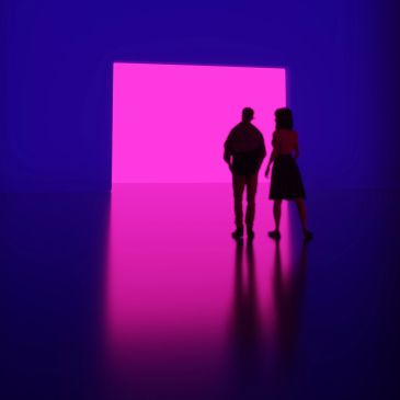 Two people stand before a glowing pink rectangle in a blue room.