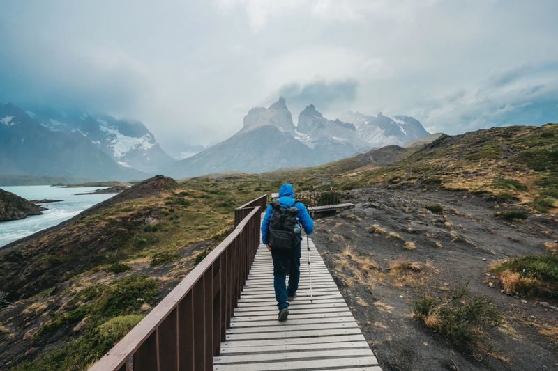 rear view on man hiking on wooden path in Torres del Paine national park, Patagonia-Chile