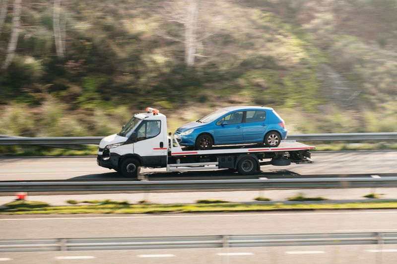A tow truck on a highway, transporting a broken down car