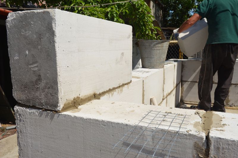 Builder contractor laying white autoclaved aerated concrete AAC blocks with concrete during house blocks wall construction. New house construction site.