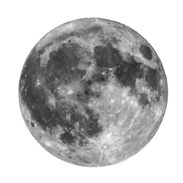 A detailed grayscale image of the full moon showing craters and surface features.