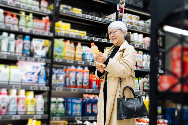 Asian senior woman shopping for household cleaner in supermarket.