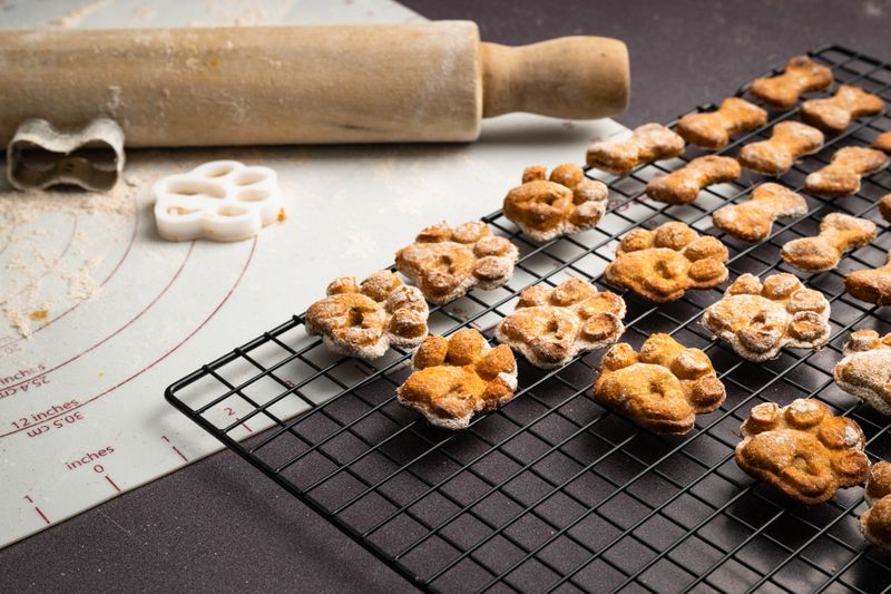 Crunchy homemade baked healthy dog treat biscuits cooling on a black wire rack, sweet potato, applesauce, egg, whole wheat flour.