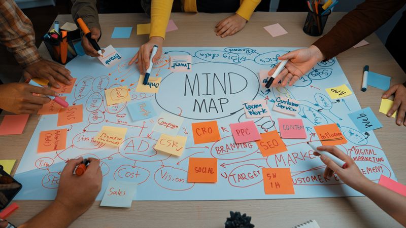 A dynamic scene showcasing a collaborative mind mapping session, filled with colorful notes and markers, focusing on developing business strategies and marketing insights. SACTR