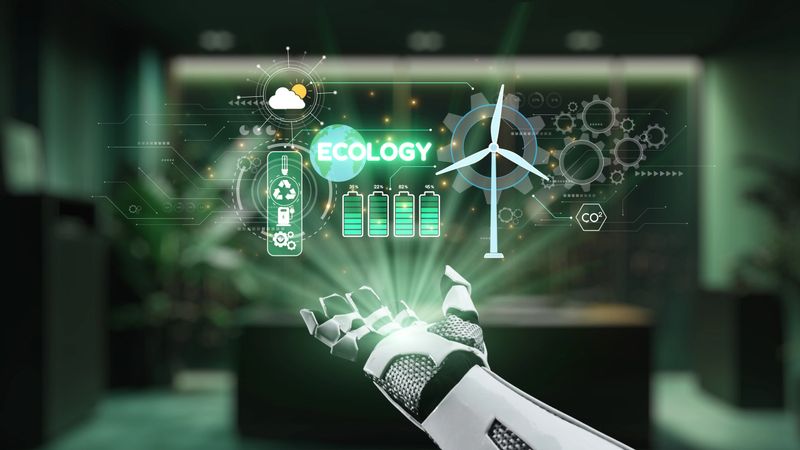 A futuristic robotic hand interacts with digital eco-friendly technology icons in a modern office, symbolizing innovation and sustainability in energy and environmental solutions. Auvana