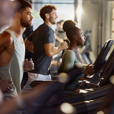 People running on treadmills in a gym with sunlight streaming in.