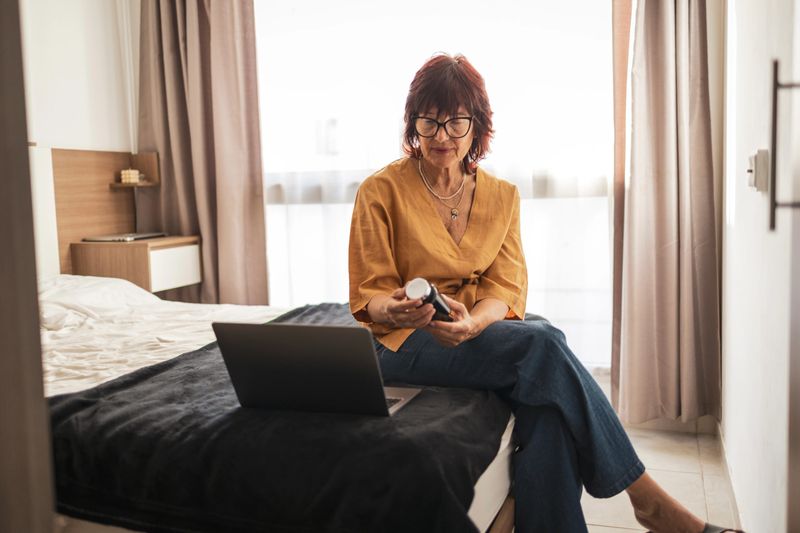 A thoughtful woman sits on a bed holding a bottle, using a laptop, captured in soft light.