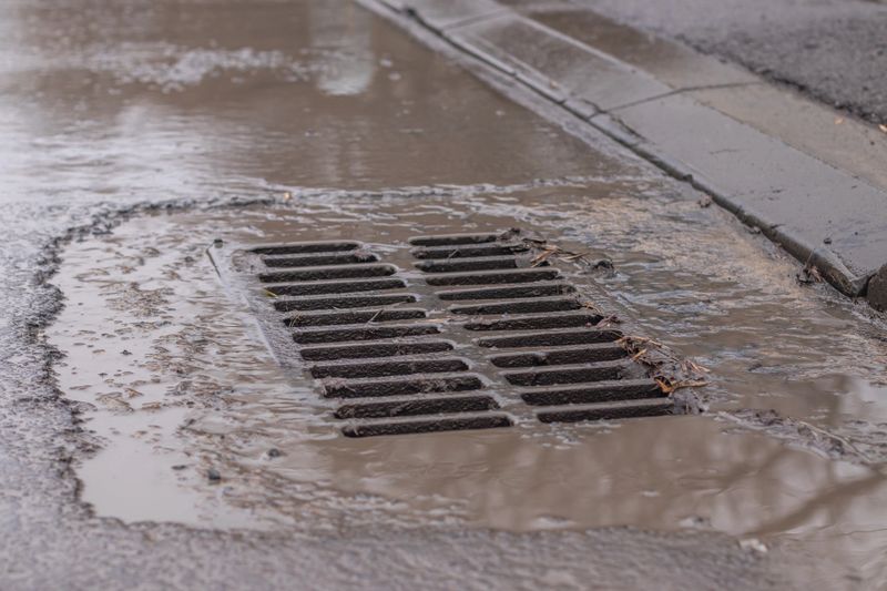 dirty rainwater flows into a rusty drain grate after rain on a city street