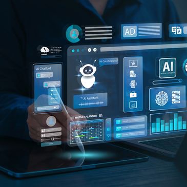 Futuristic AI chatbot interface with virtual assistant and data analytics.
