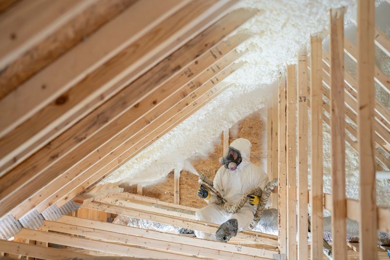 construction worker spraying house insulation
