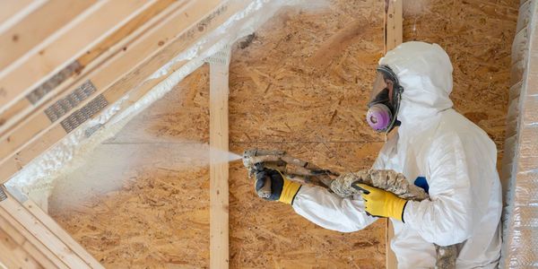 Worker in protective gear spraying foam insulation in attic.