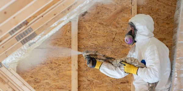 Worker sprays insulation foam on attic walls.