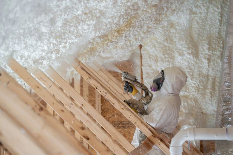 construction worker spraying house insulation