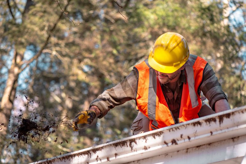53-year-old male contractor wearing safety helmet and high visibility vest cleans debris from house gutters. Worker performs routine maintenance on residential roof during daytime. Trees visible in background provide natural setting for outdoor home repair work