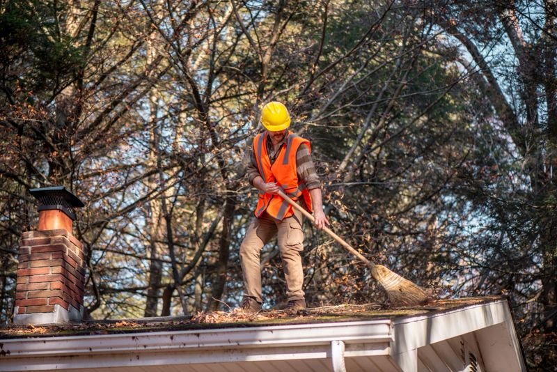A 53-year-old worker in high visibility orange vest and yellow hard hat performs maintenance on a residential roof. He sweeps fallen autumn leaves while working near a brick chimney, surrounded by bare tree branches against clear blue sky