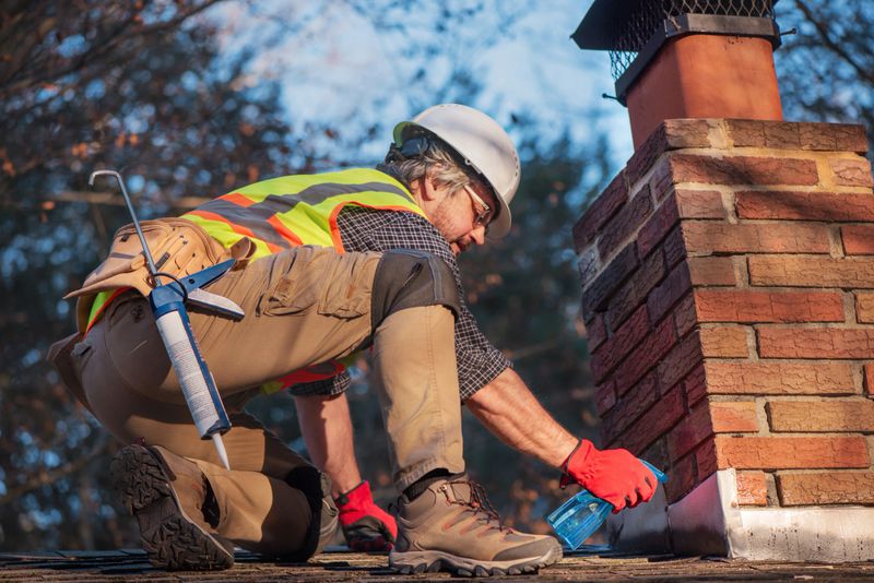 53-year-old male contractor performs waterproofing maintenance on a residential roof. He wears full safety equipment including white hard hat, safety vest, red gloves, and work boots while using a sprayer to moisten brick chimney before cement application. The maintenance work focuses on waterproofing wires and vents around the chimney area during daytime hours.