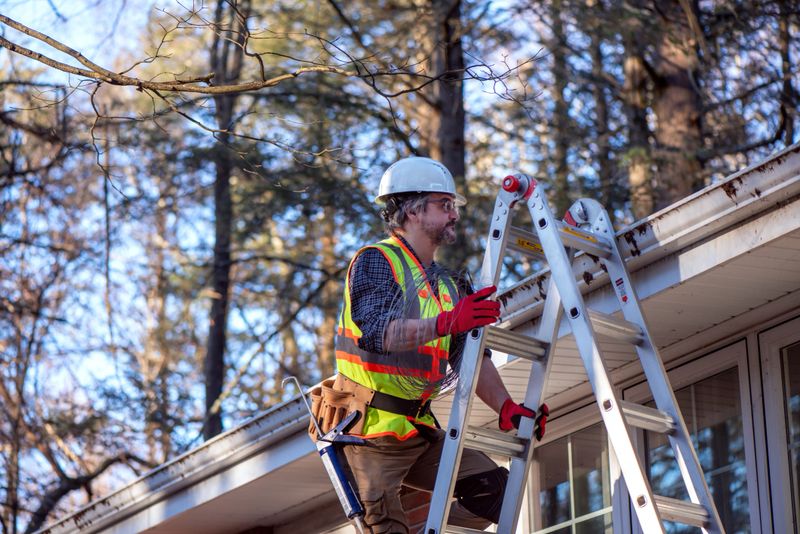 A 53-year-old male contractor wearing safety gear including hard hat, reflective vest, and tool belt performs waterproofing maintenance on residential roofline. Standing on aluminum ladder against house exterior, he works near gutters and vents during daytime with pine trees in background. Safety equipment includes work gloves and proper protective gear for construction work at height.