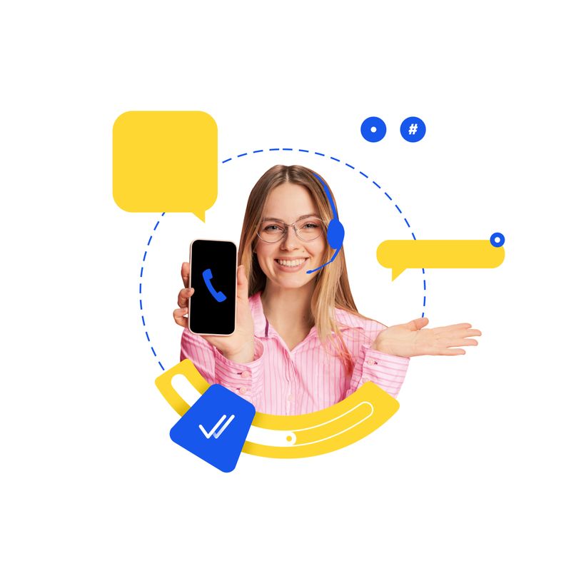 Contemporary art collage. Woman in shirt wearing blue headset, holding phone with call icon, gesturing towards screen, representing efficient helpline service. Concept of customer support, feedback.