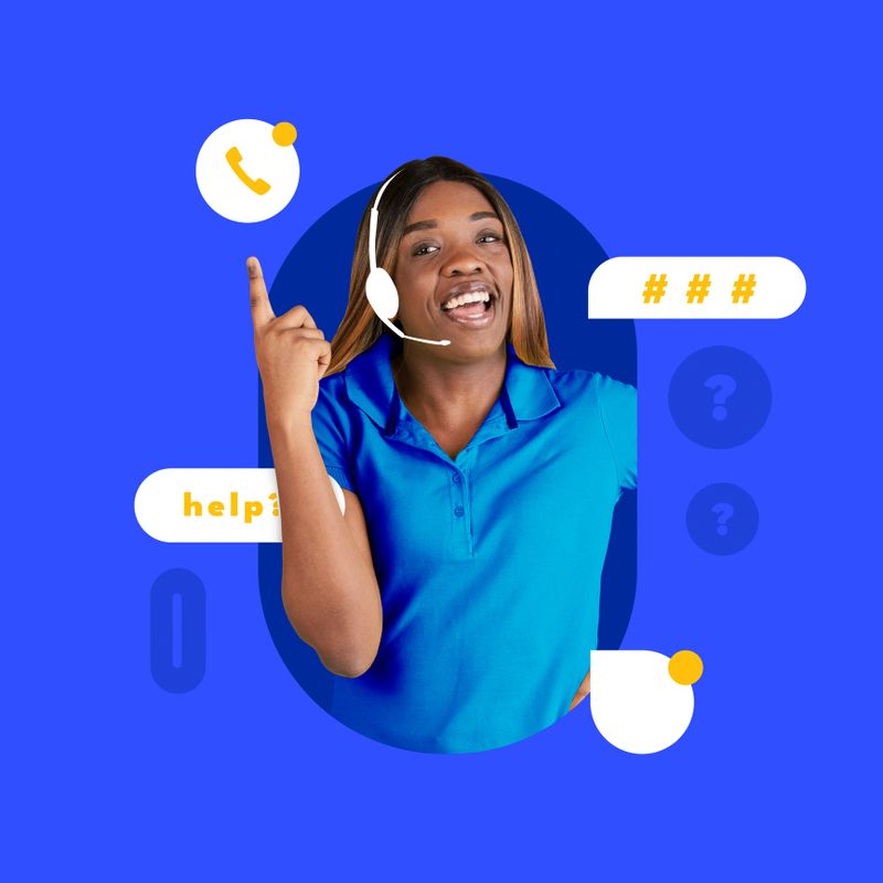 Creative art design. Woman wearing white headset, smiling, pointing upwards, surrounded by call and chat icons, symbolizing energetic customer support. Concept of business, feedback.