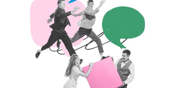Four people with colorful speech bubbles and shapes interacting.