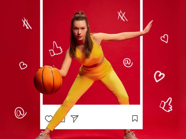 Woman posing with basketball inside social media frame.