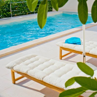 Sunbeds by a clear outdoor pool with green leaves.
