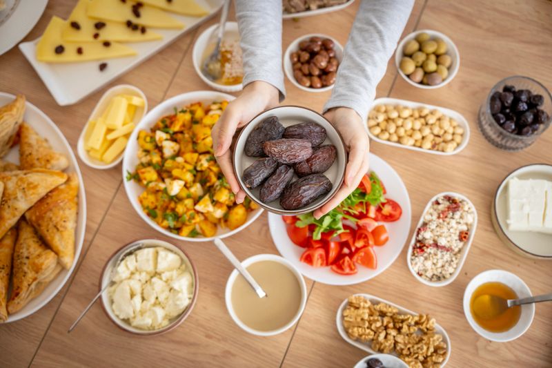 Turkish breakfast and Ramadan pita on the table for sahur meal or iftar meal
