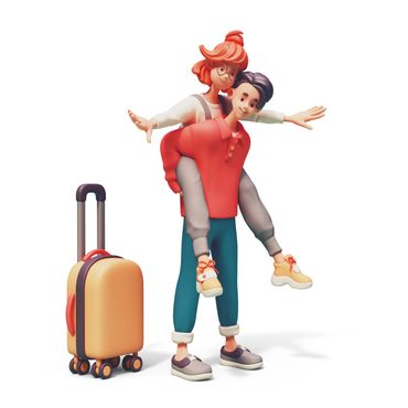 Couple having fun with luggage, ready for travel.