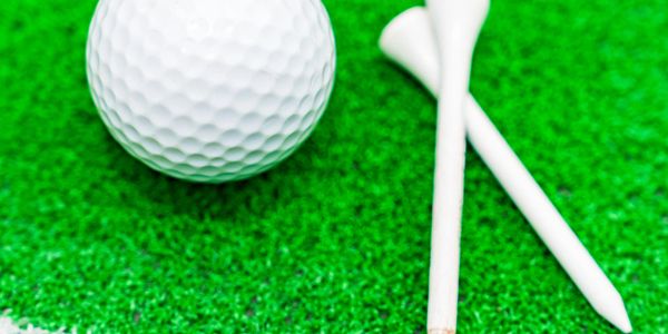 A golf ball and two tees on a green surface near a white line.