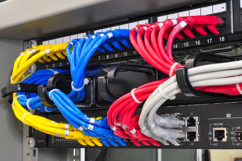 Close-up of a network server with colorful ethernet cables neatly organized, showcasing technology and connectivity.