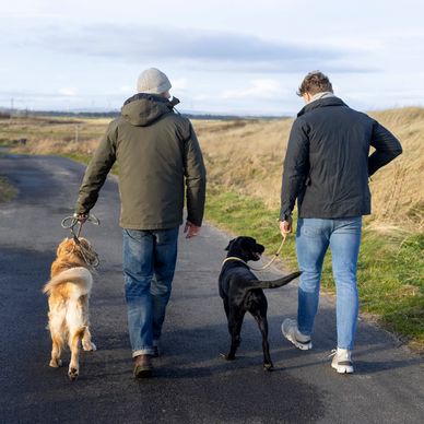Two men walking dogs on a rural path on a chilly day.