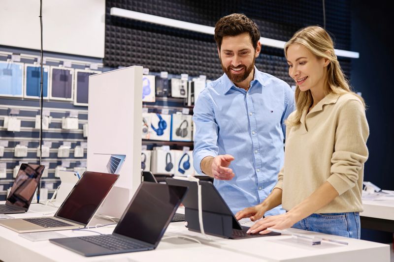 In a contemporary technology store, a friendly and knowledgeable retail representative is helping a customer by showcasing various products while providing valuable guidance and insights