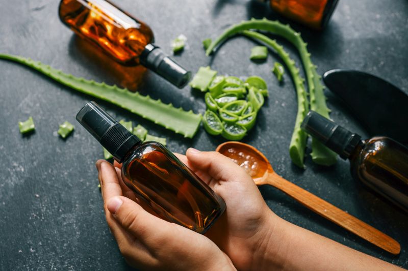 Hands holding an amber glass spray bottle with natural aloe vera extract. Fresh aloe leaves, wooden spoon, and organic skincare ingredients on a dark background. Natural beauty and self-care concept.